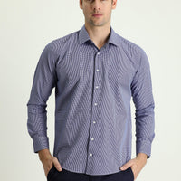 Dark Navy Long Sleeve Slim Fit Patterned Cotton Shirt, Easy Iron