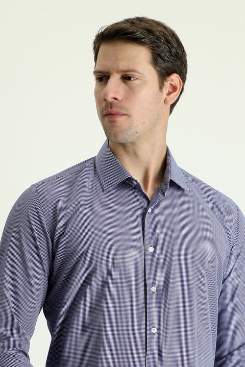 Dark Navy Long Sleeve Slim Fit Patterned Cotton Shirt, Easy Iron