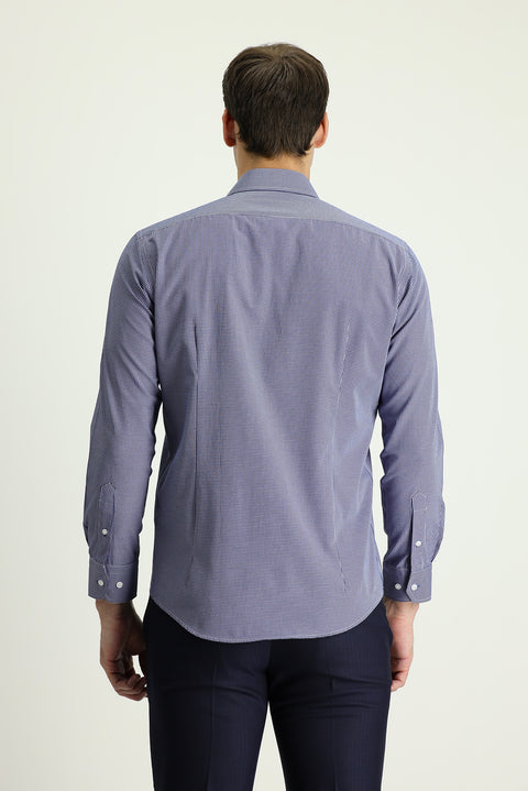 Dark Navy Long Sleeve Slim Fit Patterned Cotton Shirt, Easy Iron