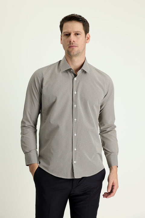 Dark Brown Long Sleeve Slim Fit Patterned Cotton Shirt, Easy Ironing