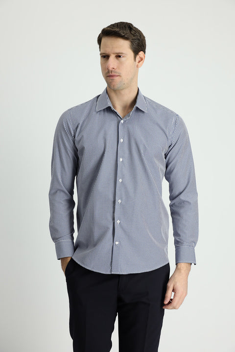 Medium Navy Long Sleeve Slim Fit Narrow Cut Plaid Cotton Shirt