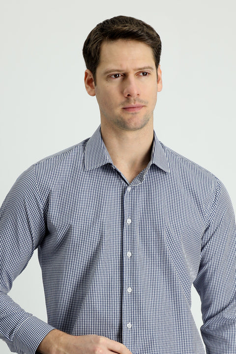 Medium Navy Long Sleeve Slim Fit Narrow Cut Plaid Cotton Shirt