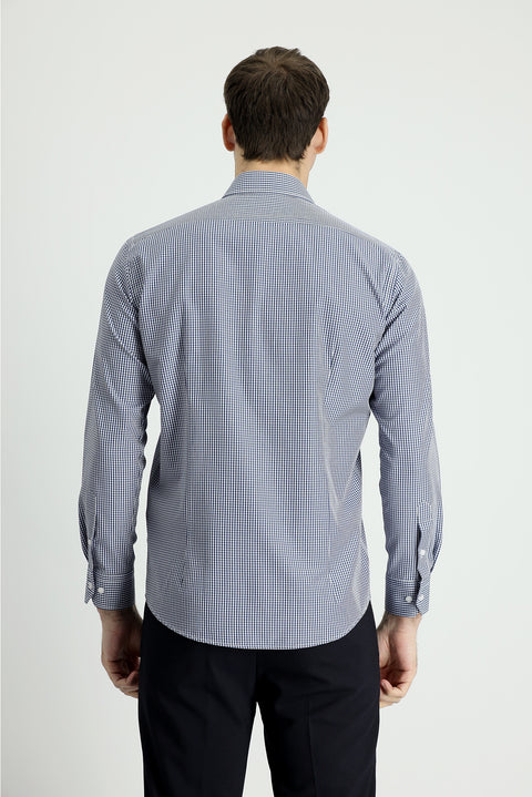 Medium Navy Long Sleeve Slim Fit Narrow Cut Plaid Cotton Shirt