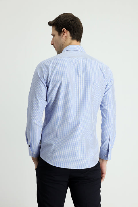 Mavi Uzun Kol Slim Fit Dar Kesim Ekose Pamuklu Gömlek