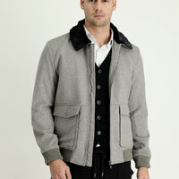 Light Brown Melange Fur Collar Wool Coat