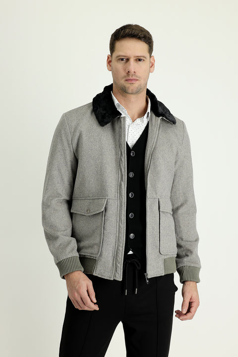 Light Brown Melange Fur Collar Wool Coat