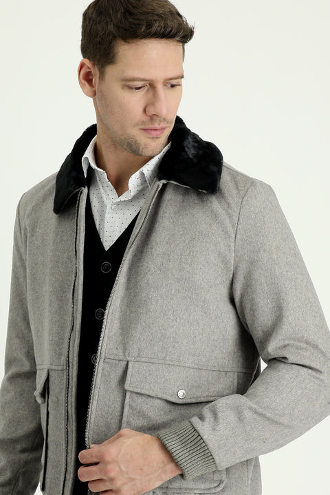 Light Brown Melange Fur Collar Wool Coat