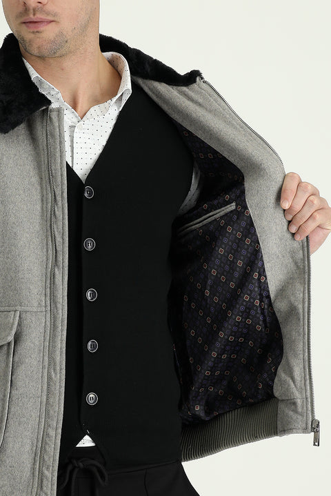 Light Brown Melange Fur Collar Wool Coat