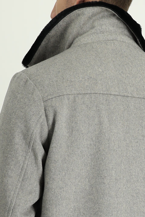 Light Brown Melange Fur Collar Wool Coat