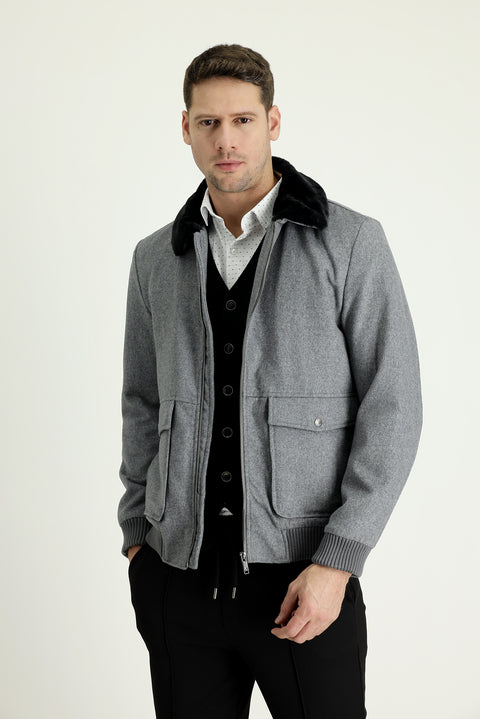 Medium Anthracite Melange Fur Collar Wool Coat