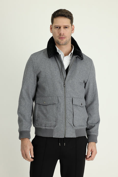 Medium Anthracite Melange Fur Collar Wool Coat