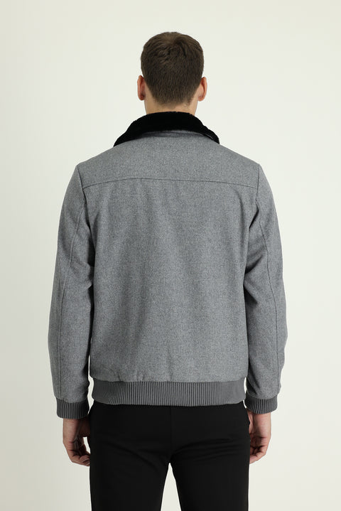 Medium Anthracite Melange Fur Collar Wool Coat
