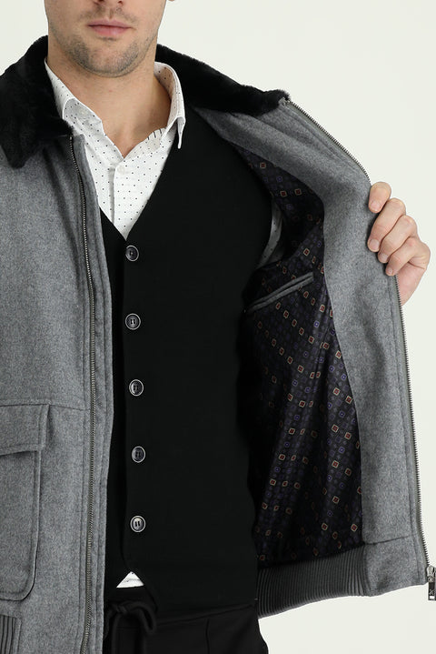 Medium Anthracite Melange Fur Collar Wool Coat