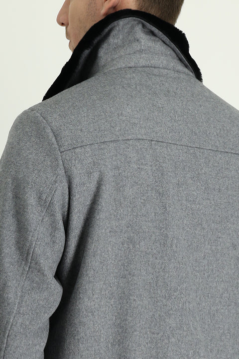 Medium Anthracite Melange Fur Collar Wool Coat