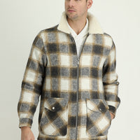 Medium Brown Fur Collar Slim Fit Narrow Cut Plaid Sport Jacket