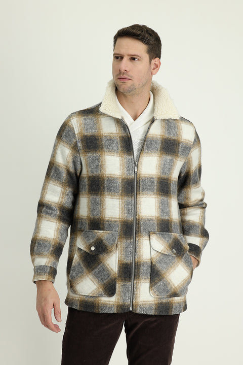 Medium Brown Fur Collar Slim Fit Narrow Cut Plaid Sport Jacket