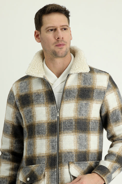 Medium Brown Fur Collar Slim Fit Narrow Cut Plaid Sport Jacket