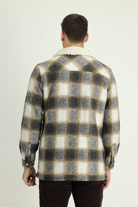 Medium Brown Fur Collar Slim Fit Narrow Cut Plaid Sport Jacket