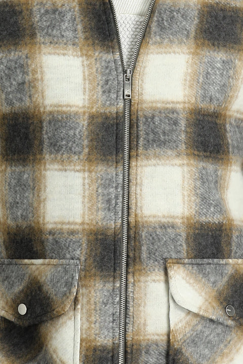 Medium Brown Fur Collar Slim Fit Narrow Cut Plaid Sport Jacket