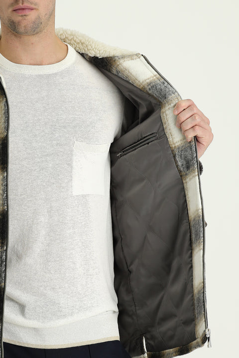 Açık Kahve  Kürk Yaka Slim Fit Dar Kesim Ekose Spor Yünlü Mont