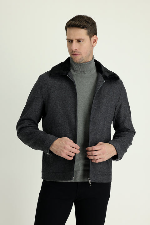 Medium Grey Fur Collar Wool Coat