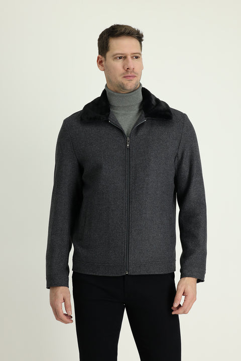 Medium Grey Fur Collar Wool Coat