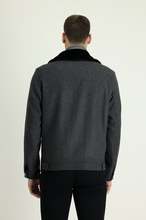 Medium Grey Fur Collar Wool Coat