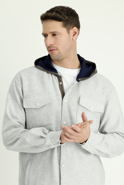 Light Grey Melange Hooded Shacket Shirt/Jacket