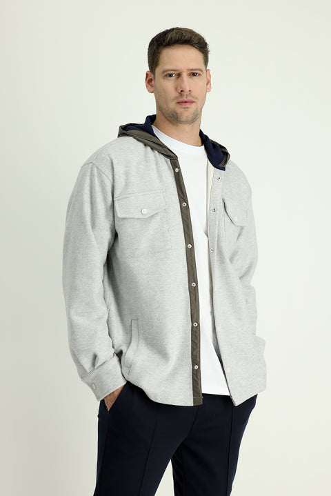 Light Grey Melange Hooded Shacket Shirt/Jacket