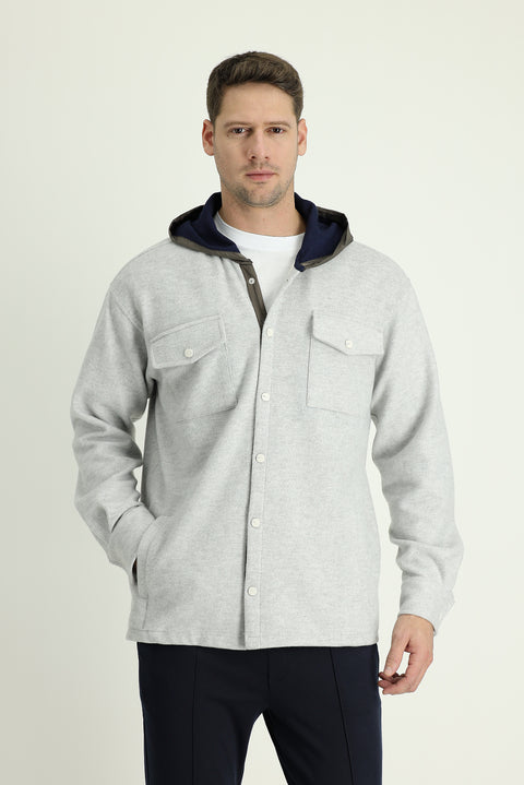 Light Grey Melange Hooded Shacket Shirt/Jacket