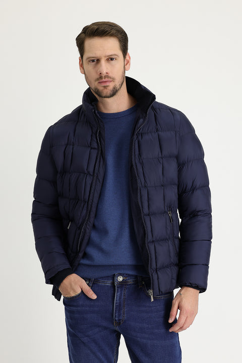 Orta Lacivert Slim Fit Dar Kesim Kapüşonlu Kapitone Mont