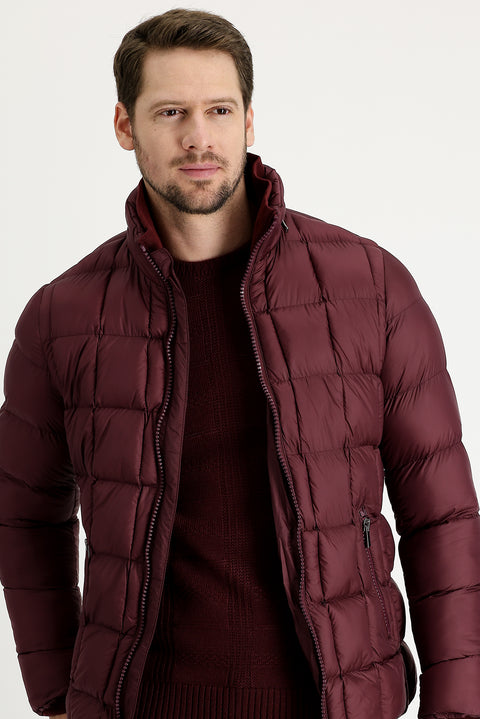 Dark Burgundy Slim Fit Quilted Hooded Jacket
