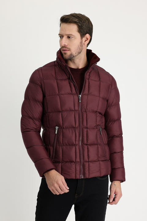 Dark Burgundy Slim Fit Quilted Hooded Jacket