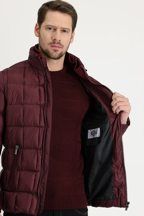 Dark Burgundy Slim Fit Quilted Hooded Jacket