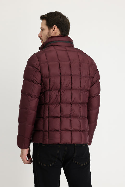 Dark Burgundy Slim Fit Quilted Hooded Jacket