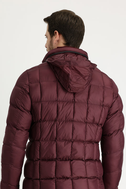 Dark Burgundy Slim Fit Quilted Hooded Jacket