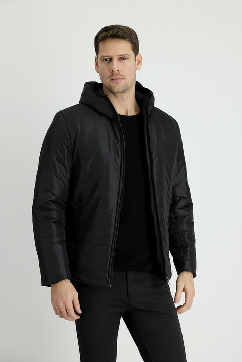 Black Slim Fit Narrow Cut Hooded Sport Puffer Jacket