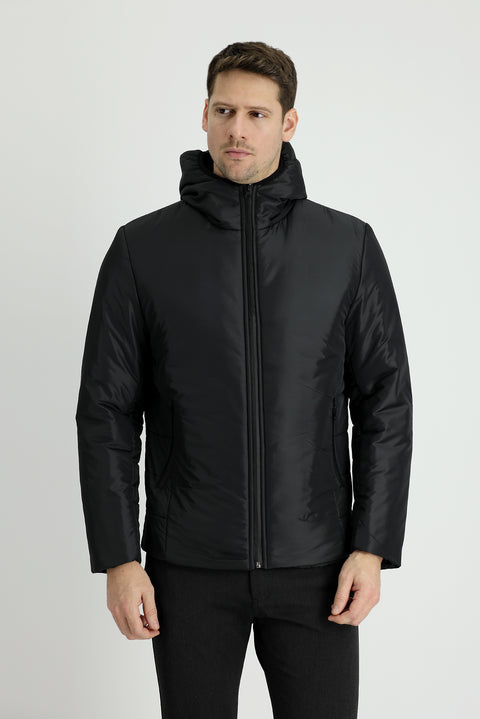 Black Slim Fit Narrow Cut Hooded Sport Puffer Jacket