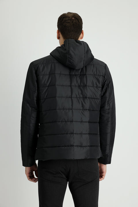 Black Slim Fit Narrow Cut Hooded Sport Puffer Jacket