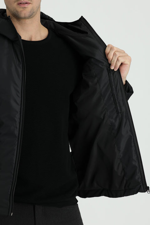 Black Slim Fit Narrow Cut Hooded Sport Puffer Jacket