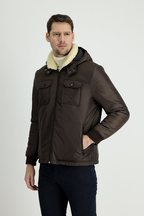 Medium Brown Hooded Fur-Lined Puffer Jacket