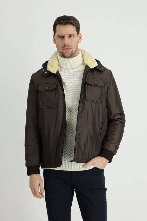 Medium Brown Hooded Fur-Lined Puffer Jacket