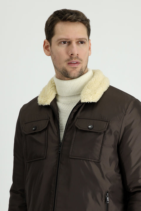 Medium Brown Hooded Fur-Lined Puffer Jacket