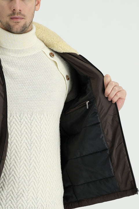 Medium Brown Hooded Fur-Lined Puffer Jacket