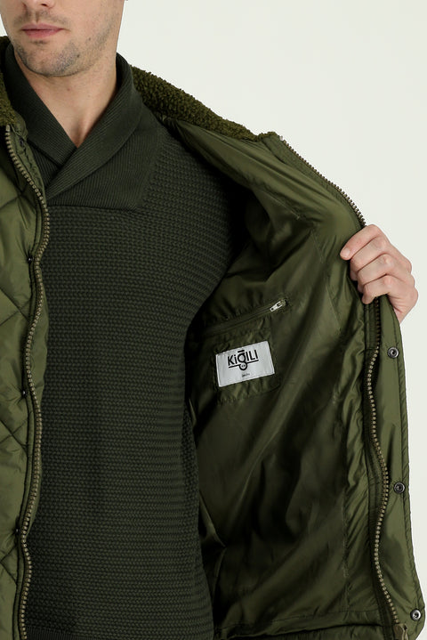 Medium Khaki Fur Collar Quilted Sport Jacket