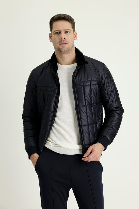Dark Navy Fur Collar Sporty Puffer Jacket
