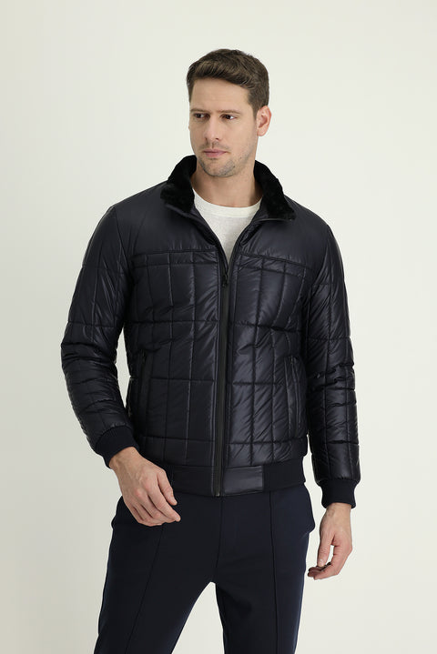 Dark Navy Fur Collar Sporty Puffer Jacket
