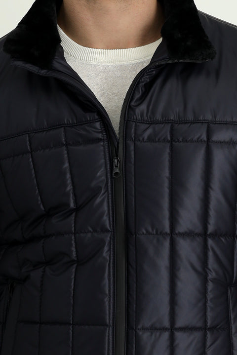 Dark Navy Fur Collar Sporty Puffer Jacket