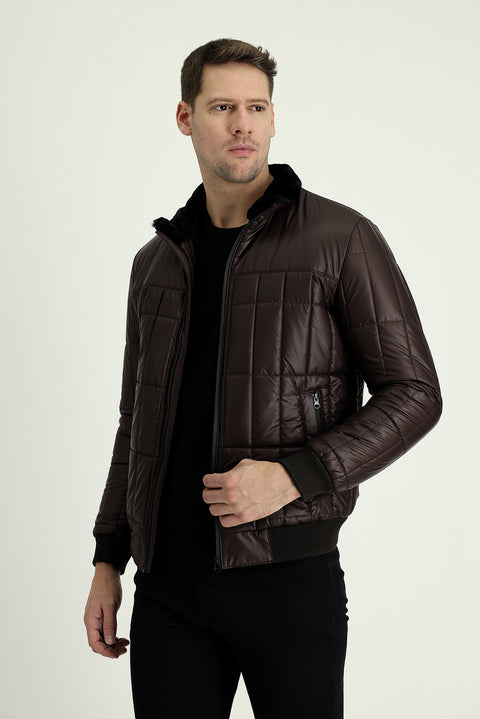 Dark Brown Fur Collar Sporty Puffer Jacket