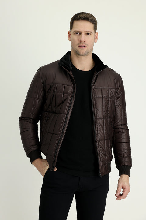 Dark Brown Fur Collar Sporty Puffer Jacket